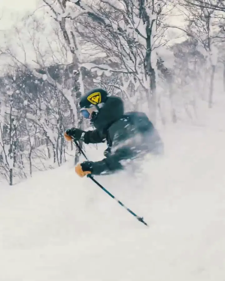 Coaching pause on a skier turning in deep powder, with an arrow to the skier's hands